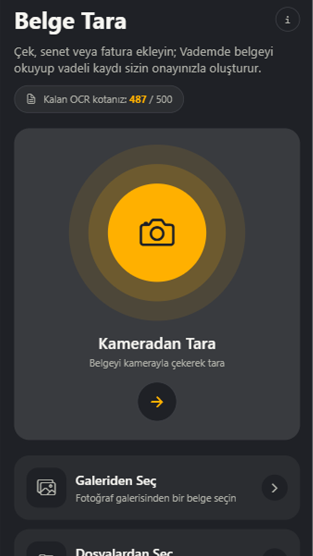 Vademde Belge Tara ekranında kamera, galeri ve dosya seçenekleri