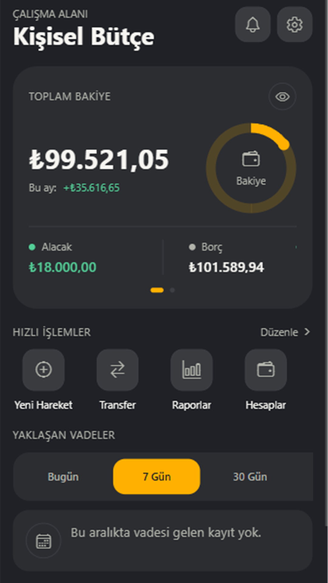 Vademde ana sayfasında bakiye, borç alacak ve yaklaşan vadeler