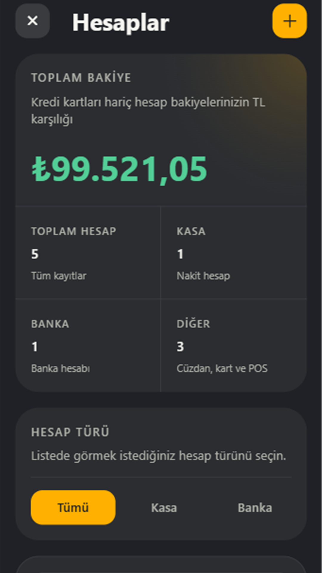 Vademde Hesaplar ekranında toplam bakiye ve hesap türleri