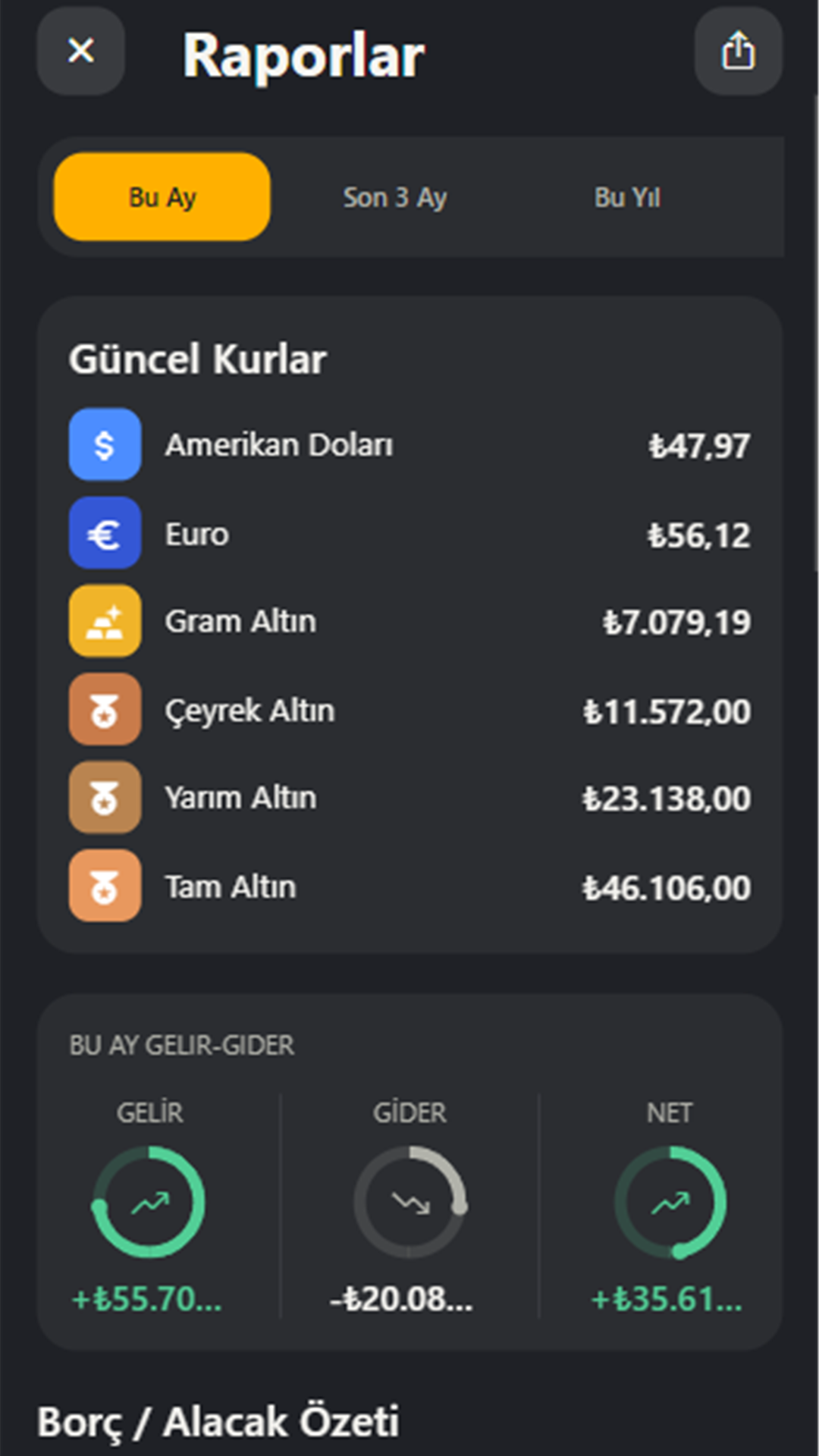 Vademde Raporlar ekranında güncel kurlar ve gelir gider özeti